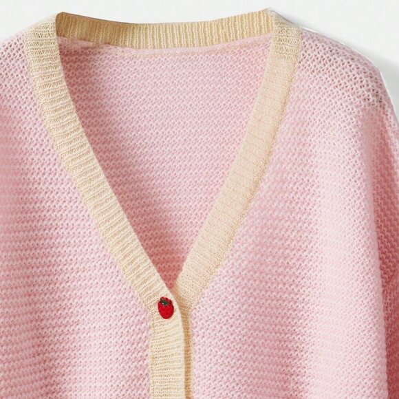 Pink Casual Women's Strawberry Print Bishop Sleeve sweater Cardigan - Picture 2 of 4